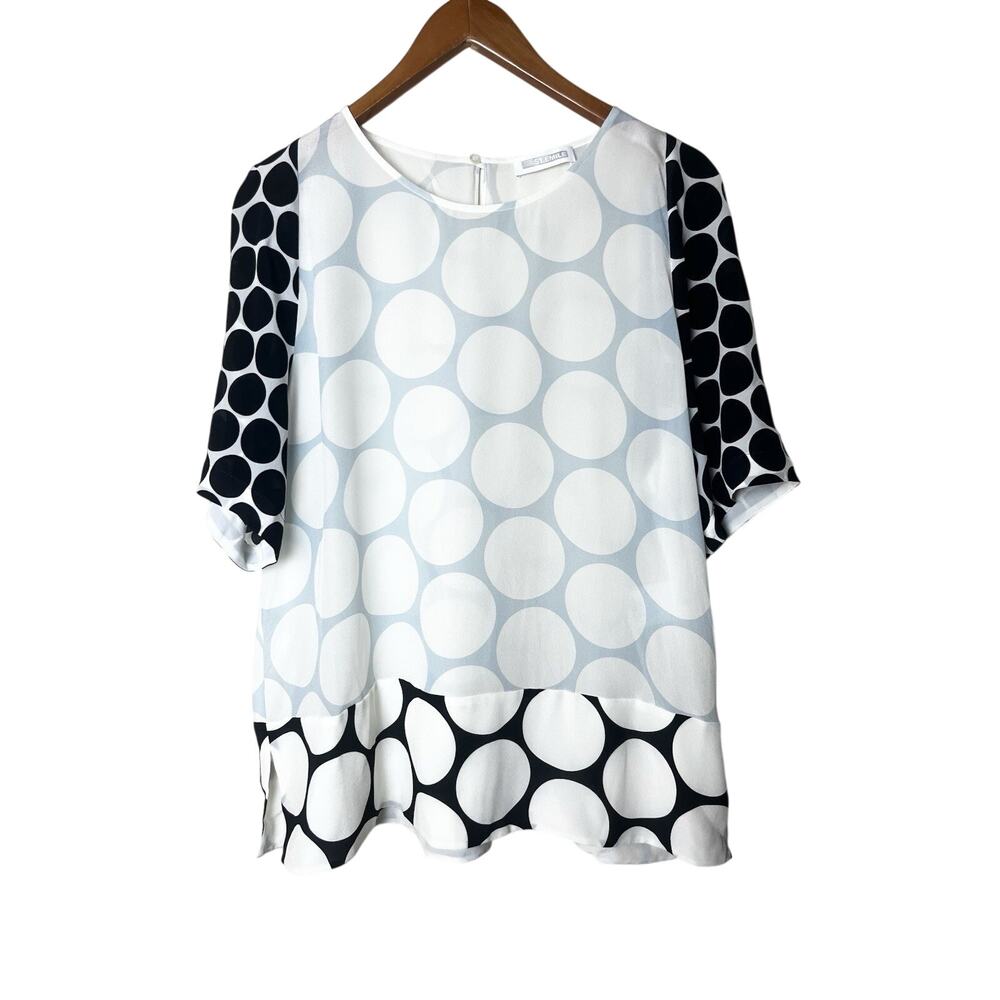 St. Emile Silk Print Tunic Top Women’s Sz 12 White Color-block Polka Dot Artsy